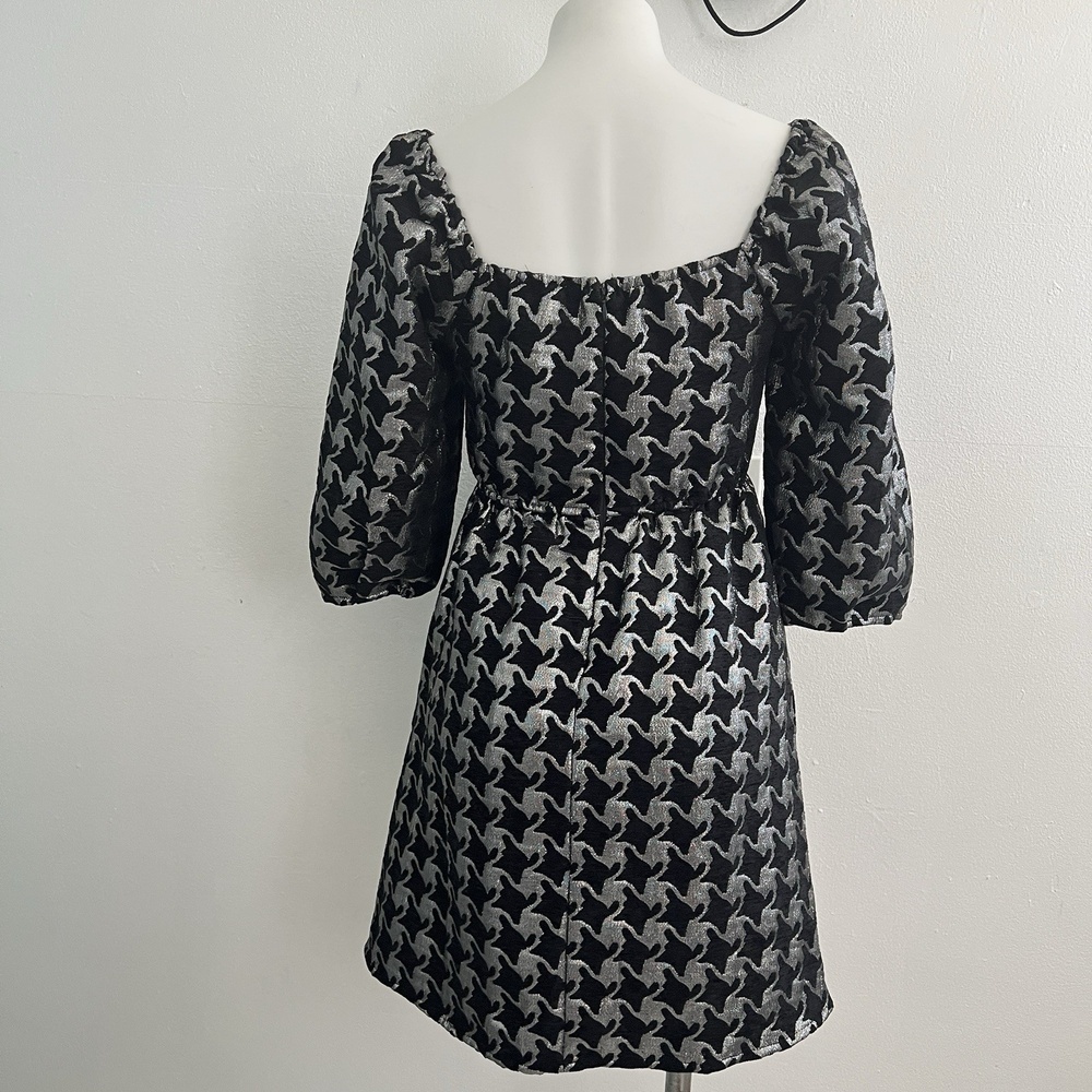 NEW Anthropologie Balloon Sleeves Dress XSMALL DAMASK houndstooth Silver Black - Picture 7 of 10